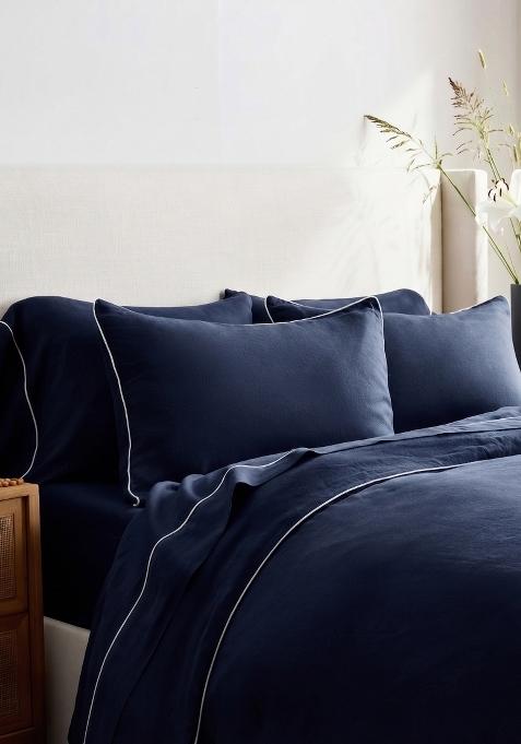Navy 100% Linen European Linen Piped Duvet Cover