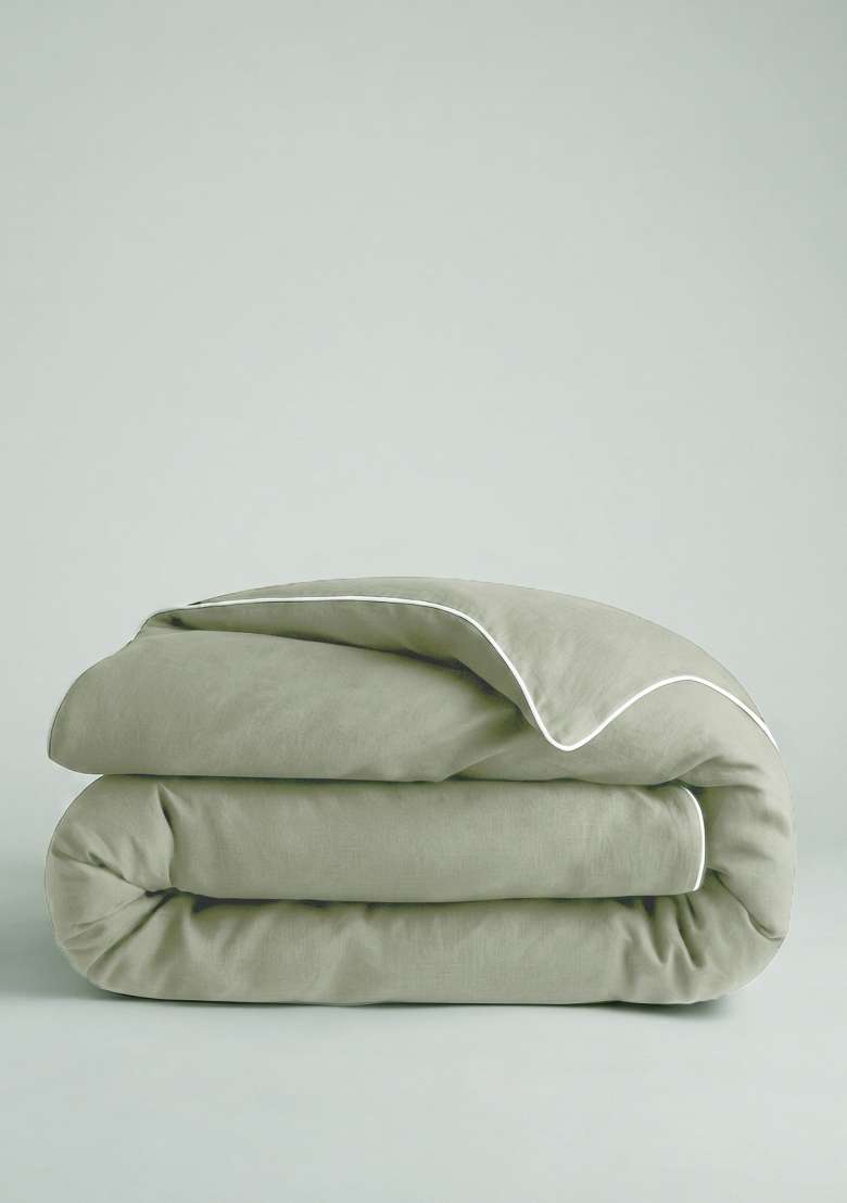 Olive European Linen Piped Duvet Cover - Indya