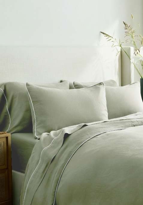 Olive 100% Linen European Linen Piped Duvet Cover
