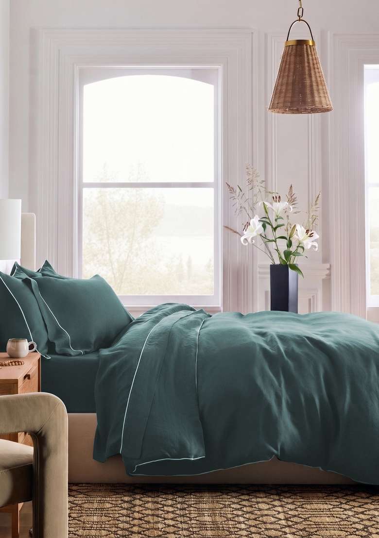 Aqua European Linen Piped Duvet Cover - Indya