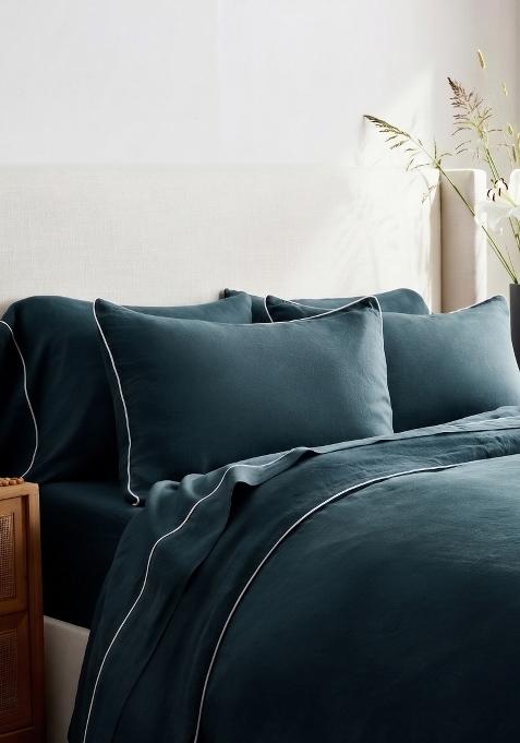 Aqua 100% Linen European Linen Piped Duvet Cover
