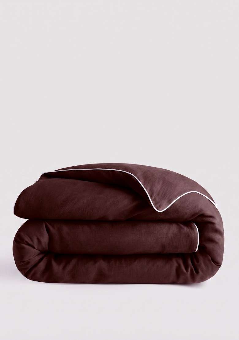 Coffee European Linen Piped Duvet Cover - Indya