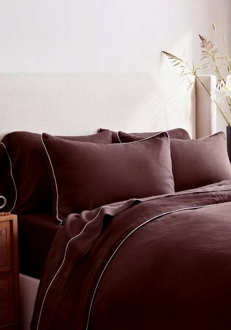 Coffee 100% Linen European Linen Piped Duvet Cover