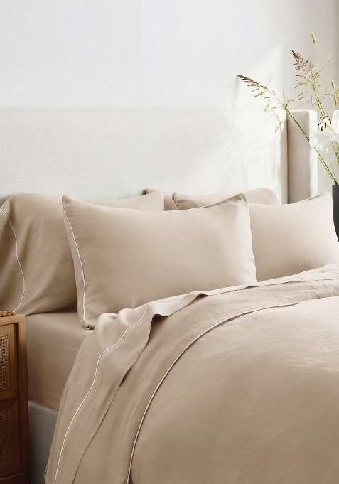 Tan 100% Linen European Linen Piped Duvet Cover