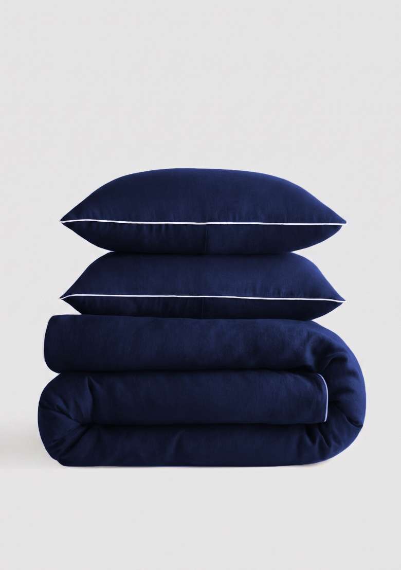 Navy European Linen Piped Duvet Cover Set - Indya