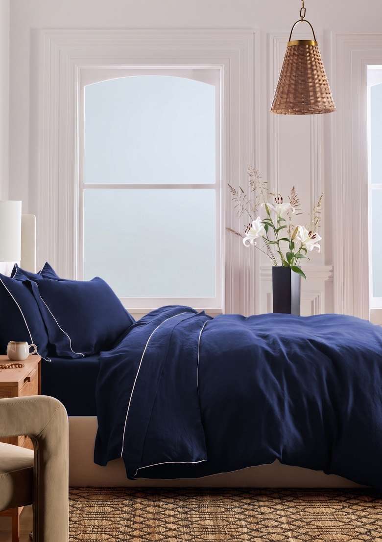 Navy European Linen Piped Duvet Cover Set - Indya