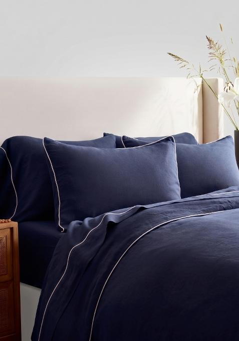 Navy 100% Linen European Linen Piped Duvet Cover Set