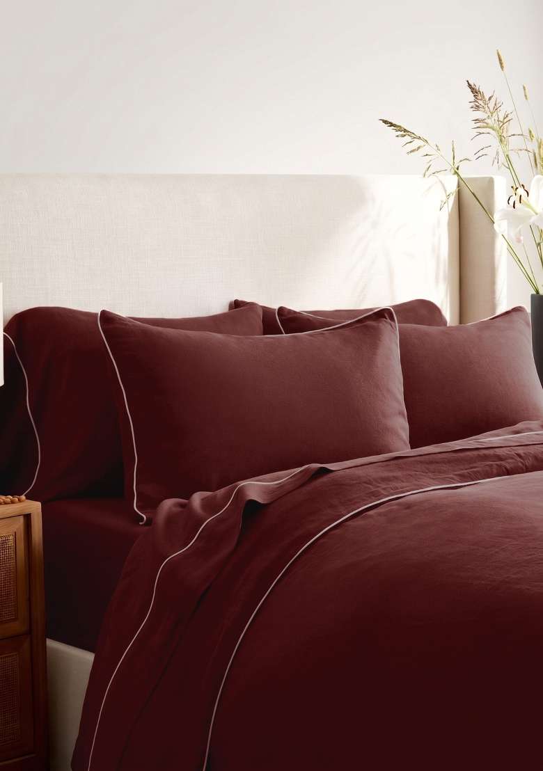Berry European Linen Piped Duvet Cover Set - Indya