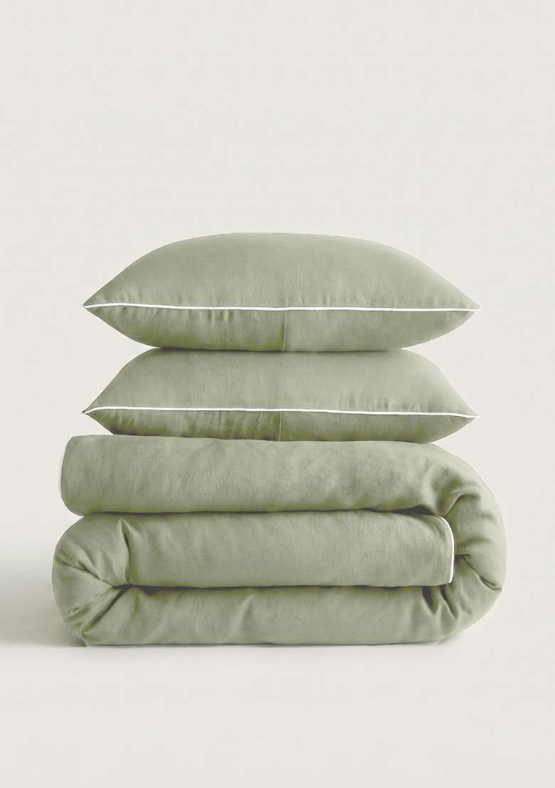 Olive European Linen Piped Duvet Cover Set - Indya