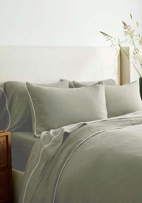 Olive 100% Linen European Linen Piped Duvet Cover Set