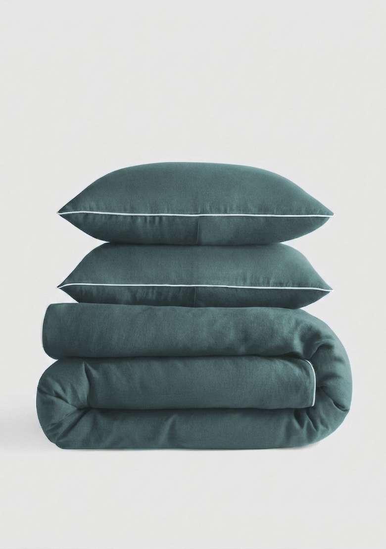 Aqua European Linen Piped Duvet Cover Set - Indya