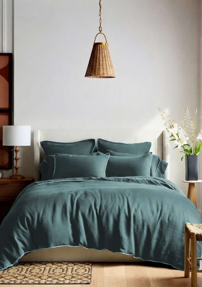Aqua European Linen Piped Duvet Cover Set - Indya