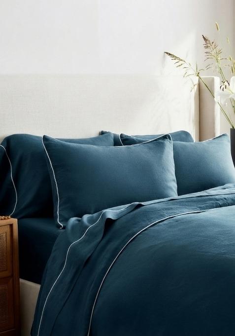 Aqua 100% Linen European Linen Piped Duvet Cover Set