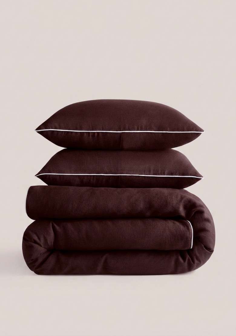 Coffee European Linen Piped Duvet Cover Set - Indya
