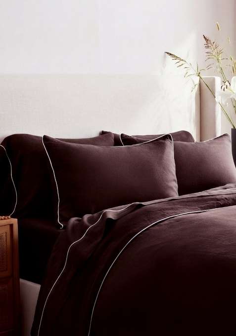 Coffee 100% Linen European Linen Piped Duvet Cover Set