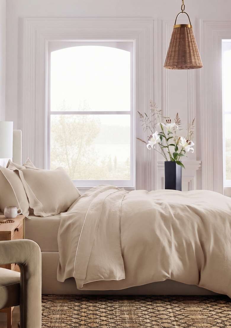 Tan European Linen Piped Duvet Cover Set - Indya