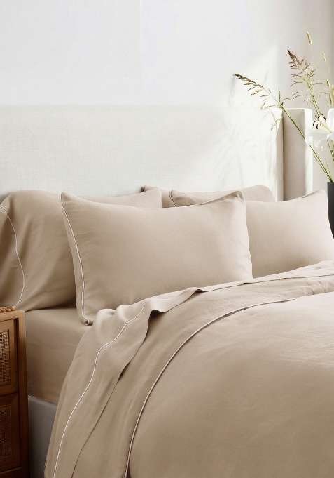 Tan 100% Linen European Linen Piped Duvet Cover Set