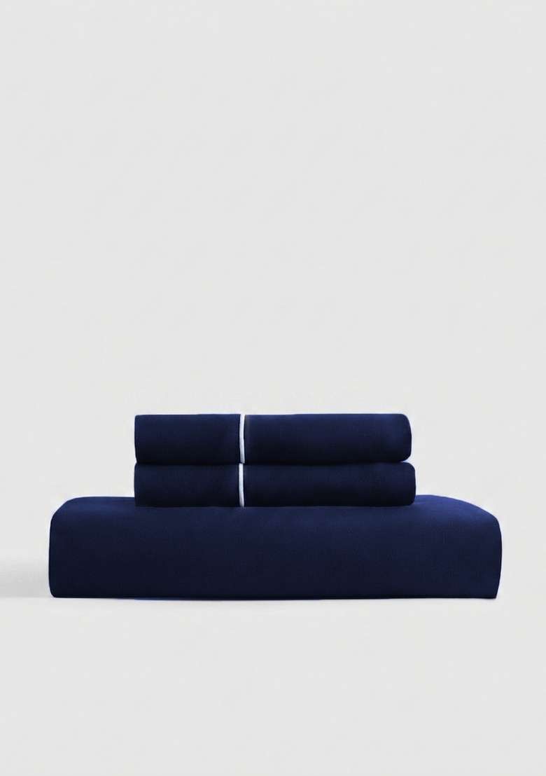 Navy European Linen Piped Fitted Sheet Set - Indya