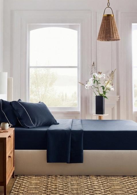 Navy 100% Linen European Linen Piped Fitted Sheet Set