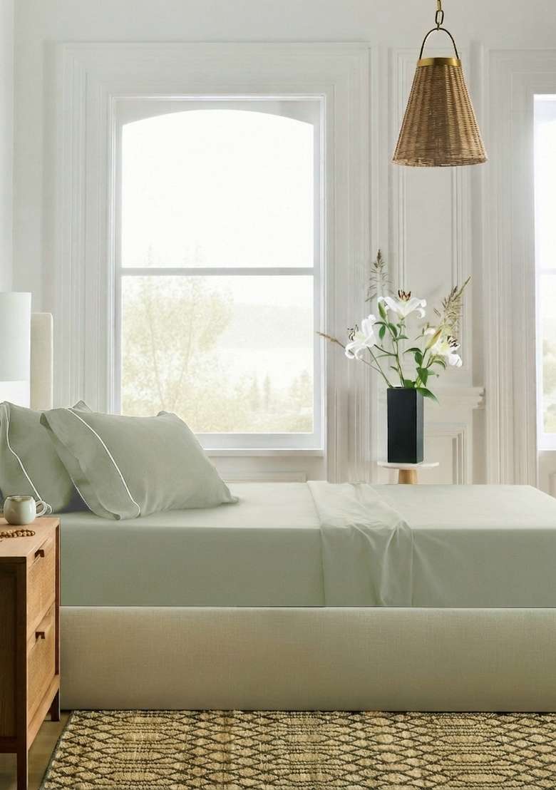 Olive European Linen Piped Fitted Sheet Set - Indya