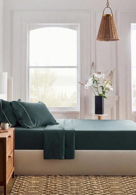 Aqua 100% Linen European Linen Piped Fitted Sheet Set