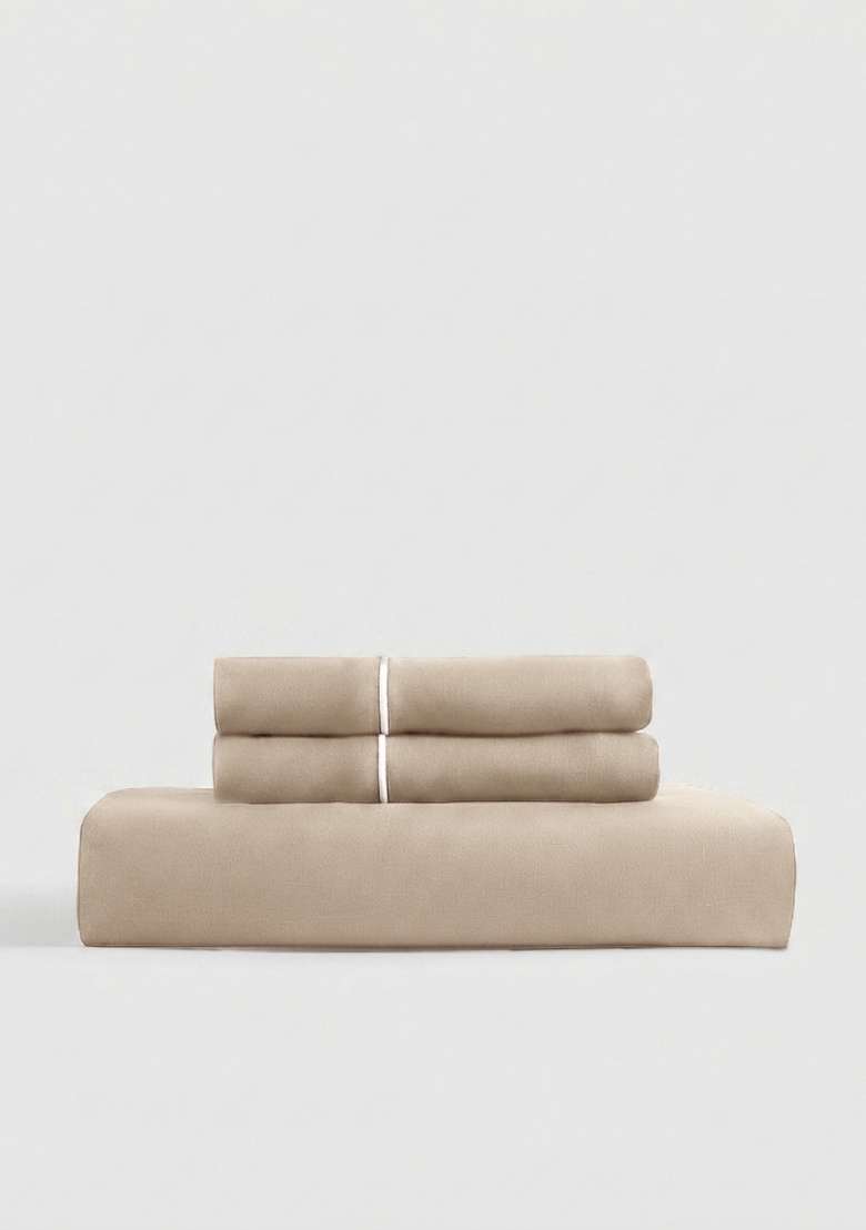 Tan European Linen Piped Fitted Sheet Set - Indya