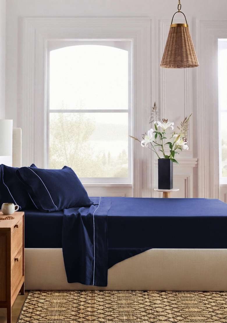 Navy European Linen Piped Sheet Set - Indya