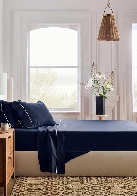 Navy 100% Linen European Linen Piped Sheet Set