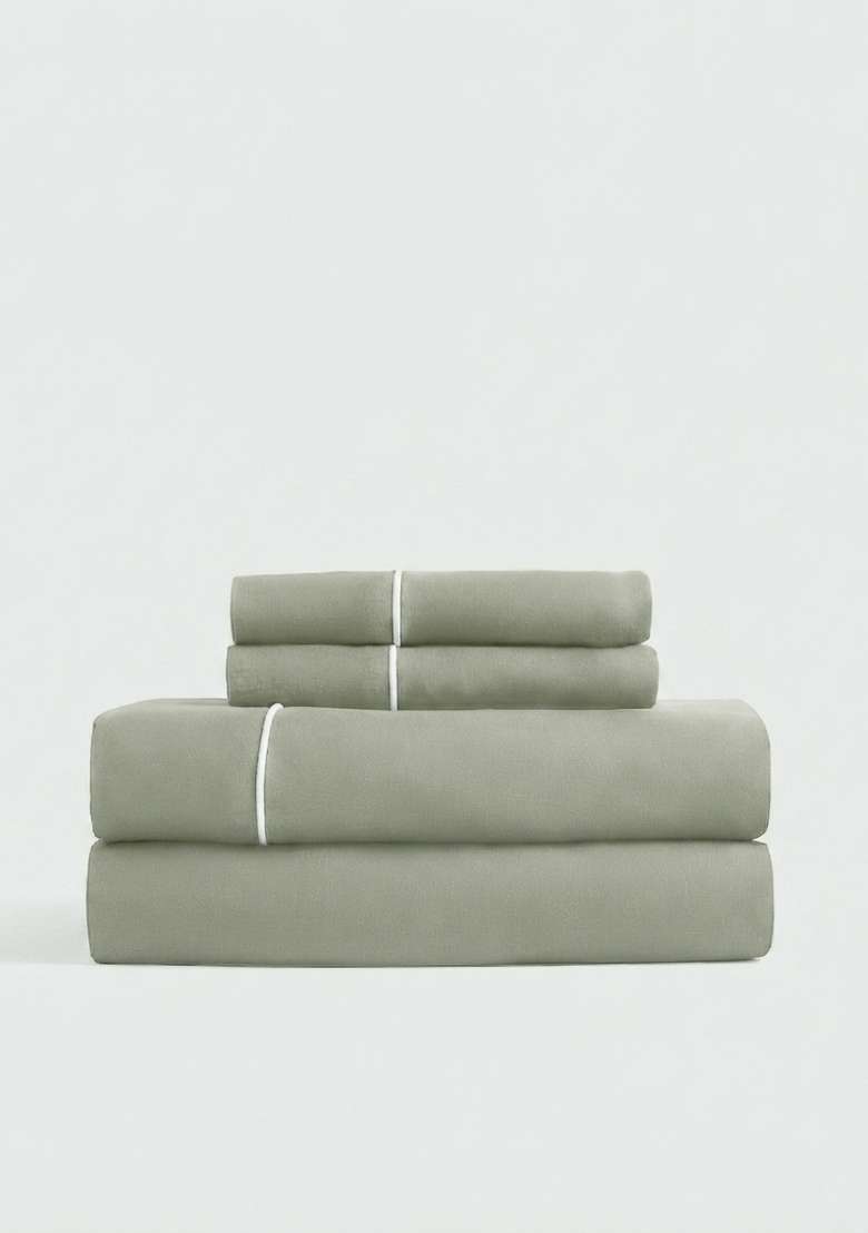 Olive European Linen Piped Sheet Set - Indya