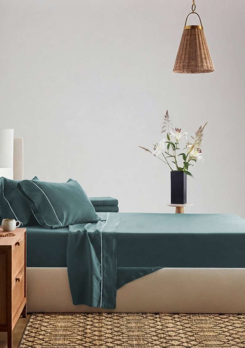 Aqua European Linen Piped Sheet Set - Indya