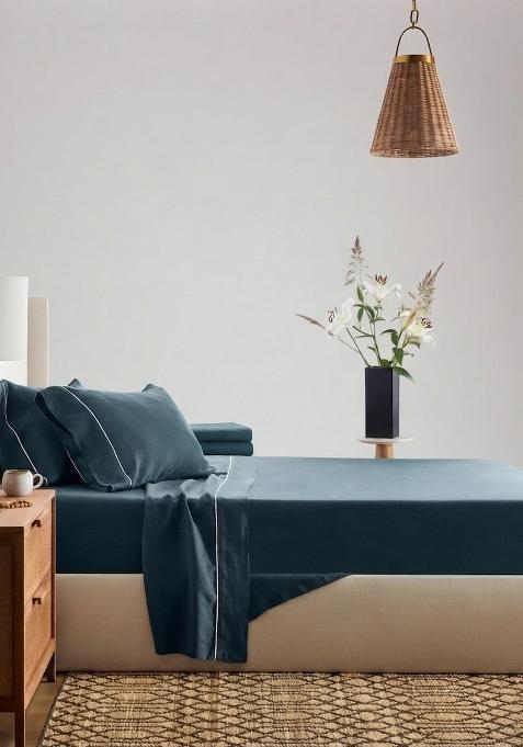 Aqua 100% Linen European Linen Piped Sheet Set