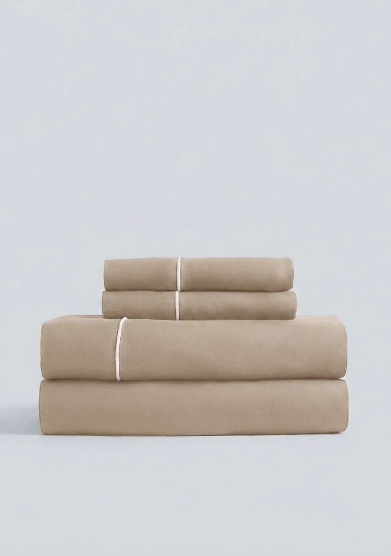 Tan European Linen Piped Sheet Set - Indya