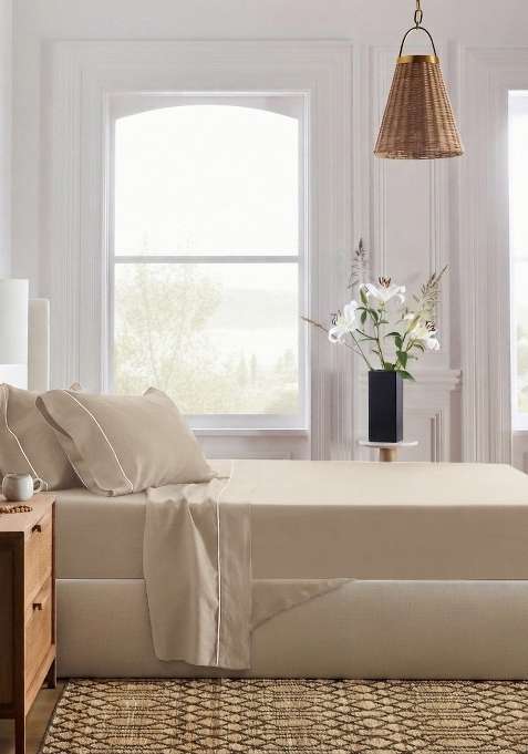 Tan 100% Linen European Linen Piped Sheet Set