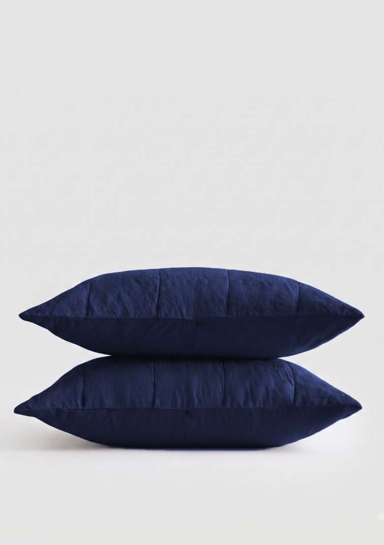 Navy 100% Linen Lightweight European Linen Box Quilted Sham Set - Indya