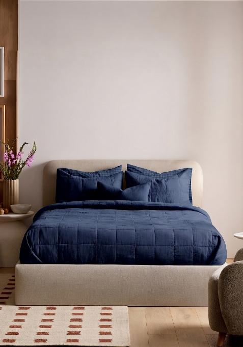 Navy 100% Linen Lightweight European Linen Box Quilted Sham Set