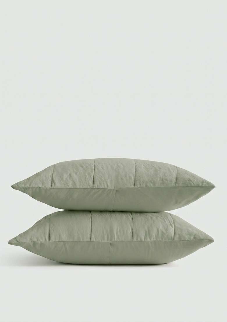 Olive 100% Linen Lightweight European Linen Box Quilted Sham Set - Indya