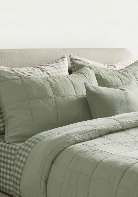 Olive 100% Linen Lightweight European Linen Box Quilted Sham Set
