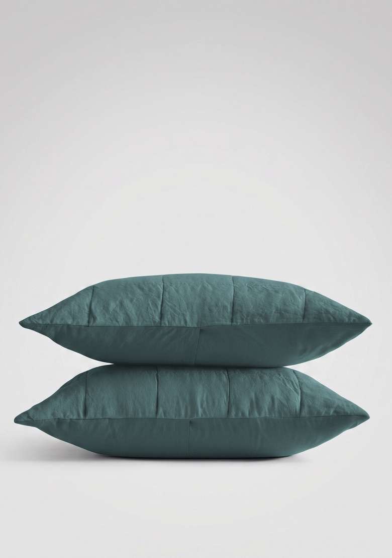 Aqua 100% Linen Lightweight European Linen Box Quilted Sham Set - Indya