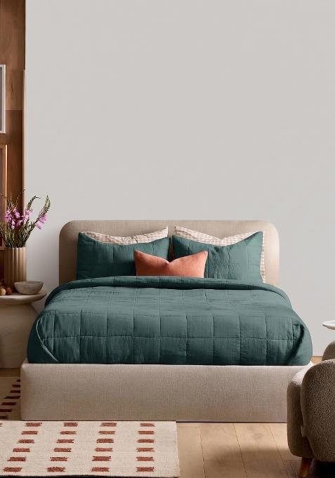 Aqua 100% Linen Lightweight European Linen Box Quilted Sham Set