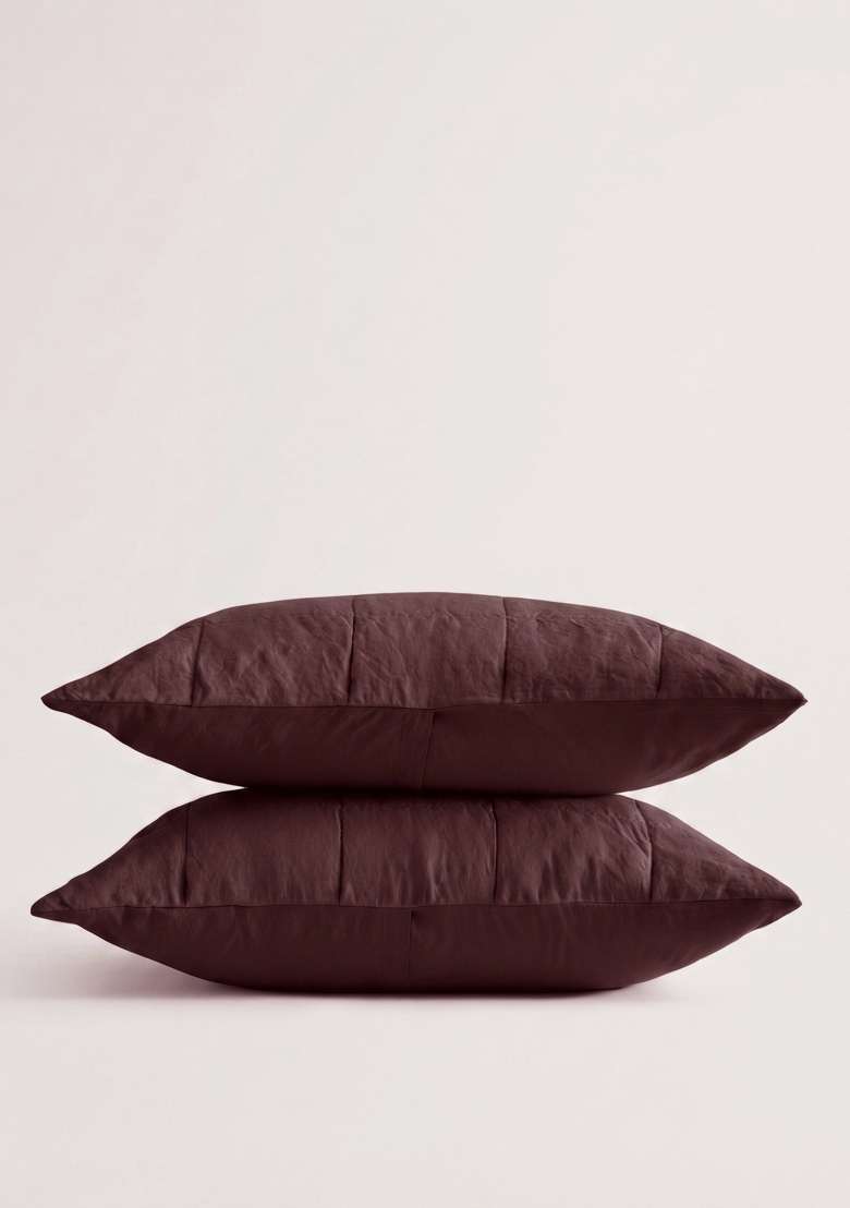 Coffee 100% Linen Lightweight European Linen Box Quilted Sham Set - Indya