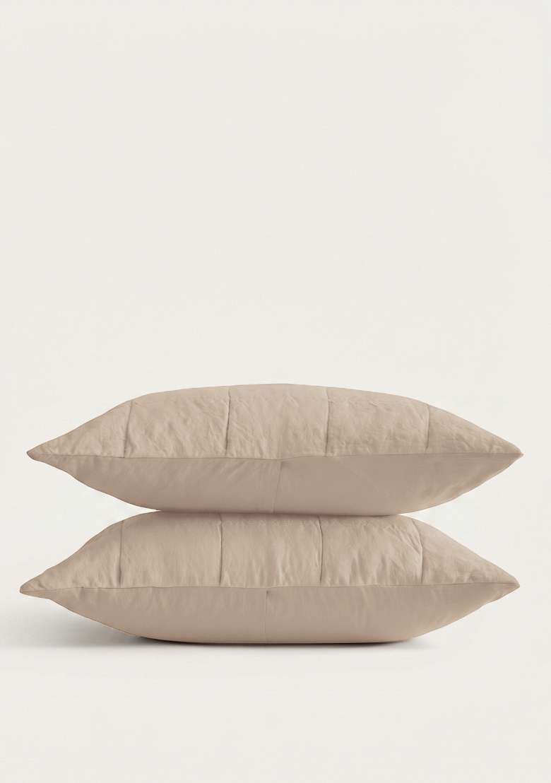 Tan 100% Linen Lightweight European Linen Box Quilted Sham Set - Indya