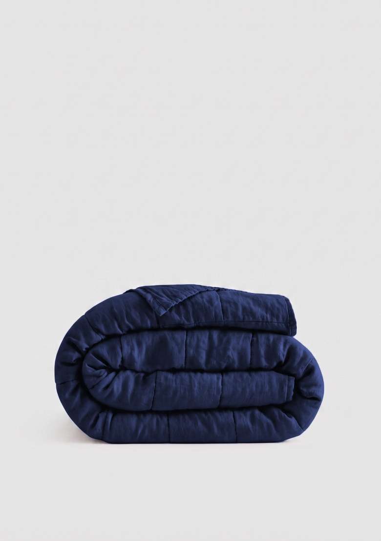 Navy 100% Linen Lightweight European Linen Box Quilt - Indya
