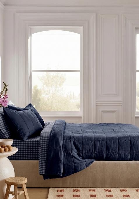 Navy 100% Linen Lightweight European Linen Box Quilt