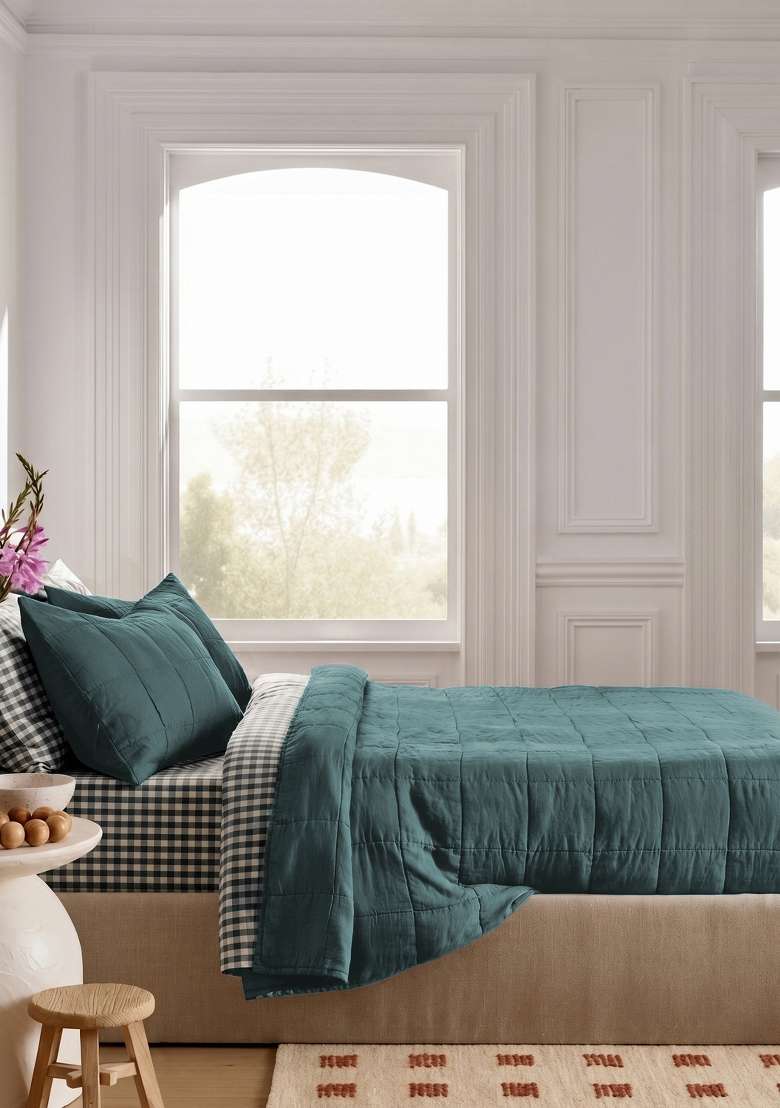 Aqua 100% Linen Lightweight European Linen Box Quilt - Indya