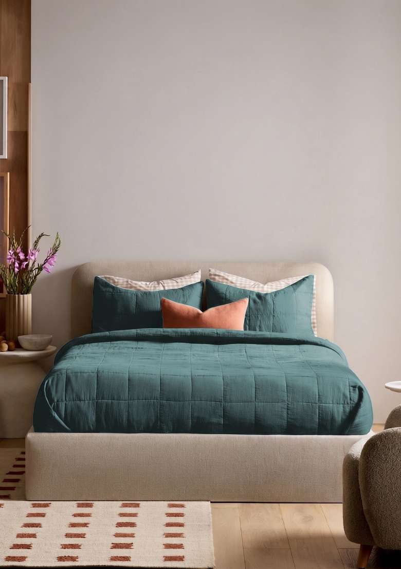 Aqua 100% Linen Lightweight European Linen Box Quilt - Indya