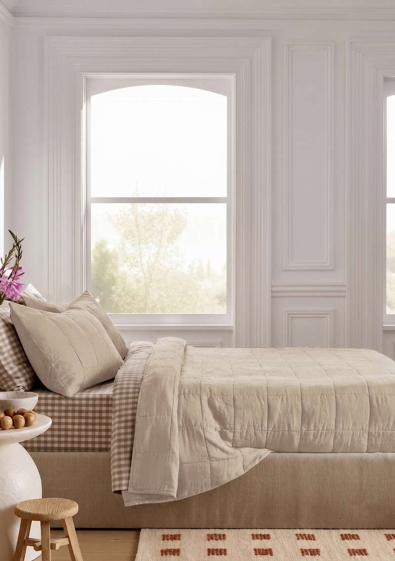 Tan 100% Linen Lightweight European Linen Box Quilt - Indya