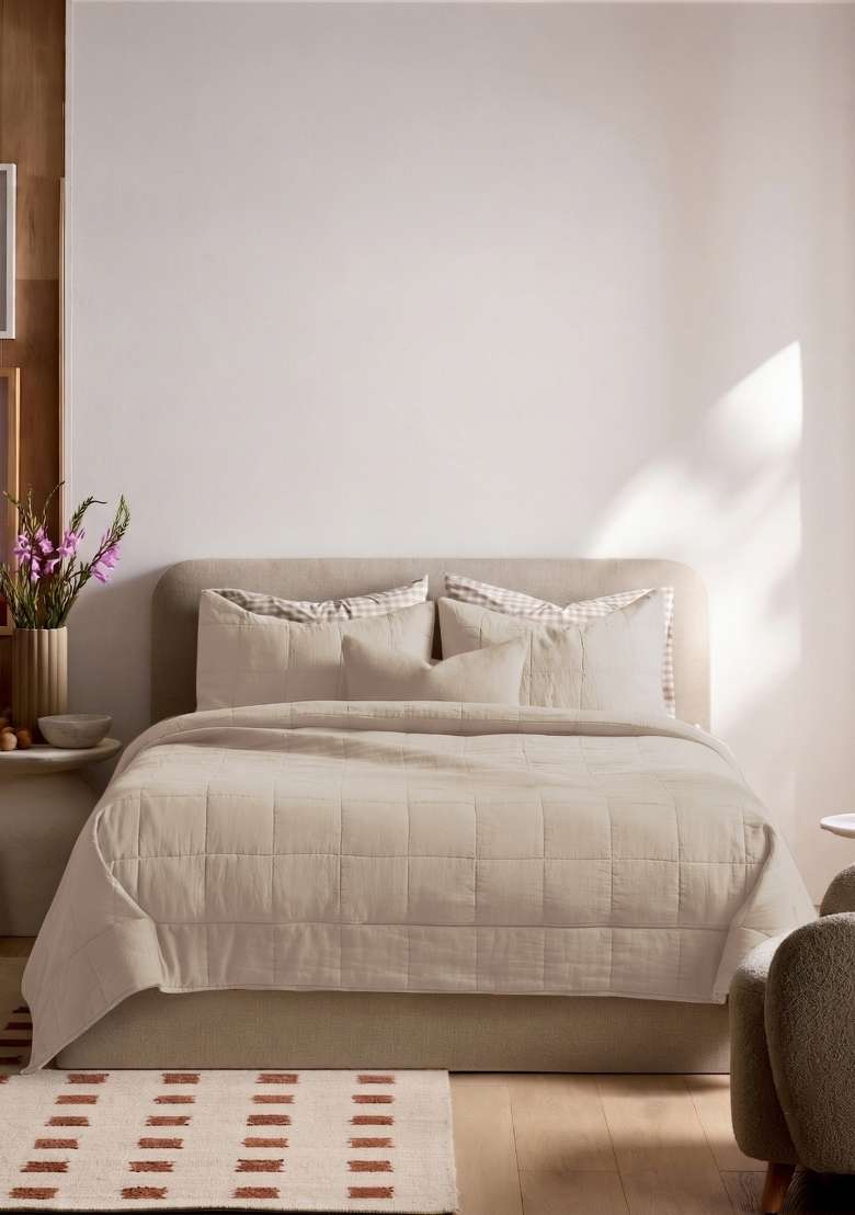 Tan 100% Linen Lightweight European Linen Box Quilt - Indya