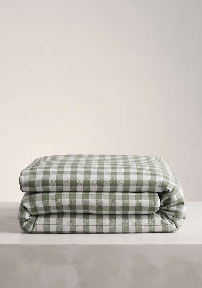 Olive Organic Cotton Gingam Checked Duvet Covers - Indya