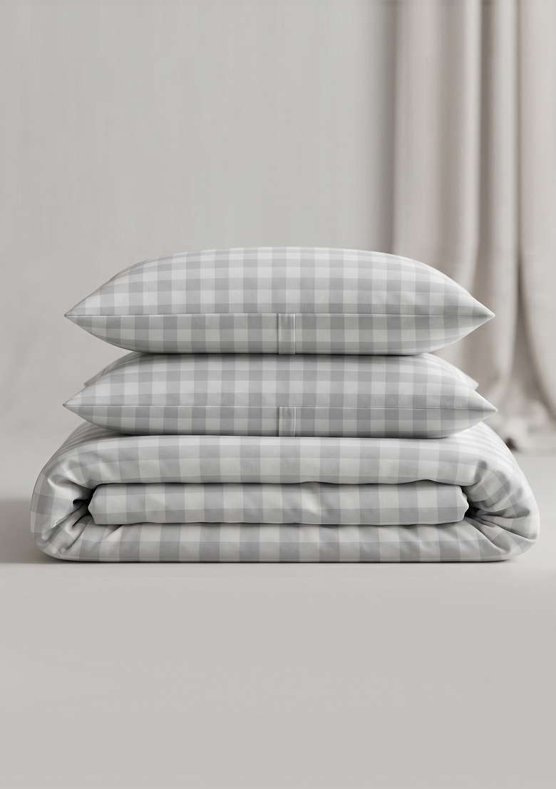 Blue Organic Cotton Gingam Checked Duvet Cover Sets - Indya
