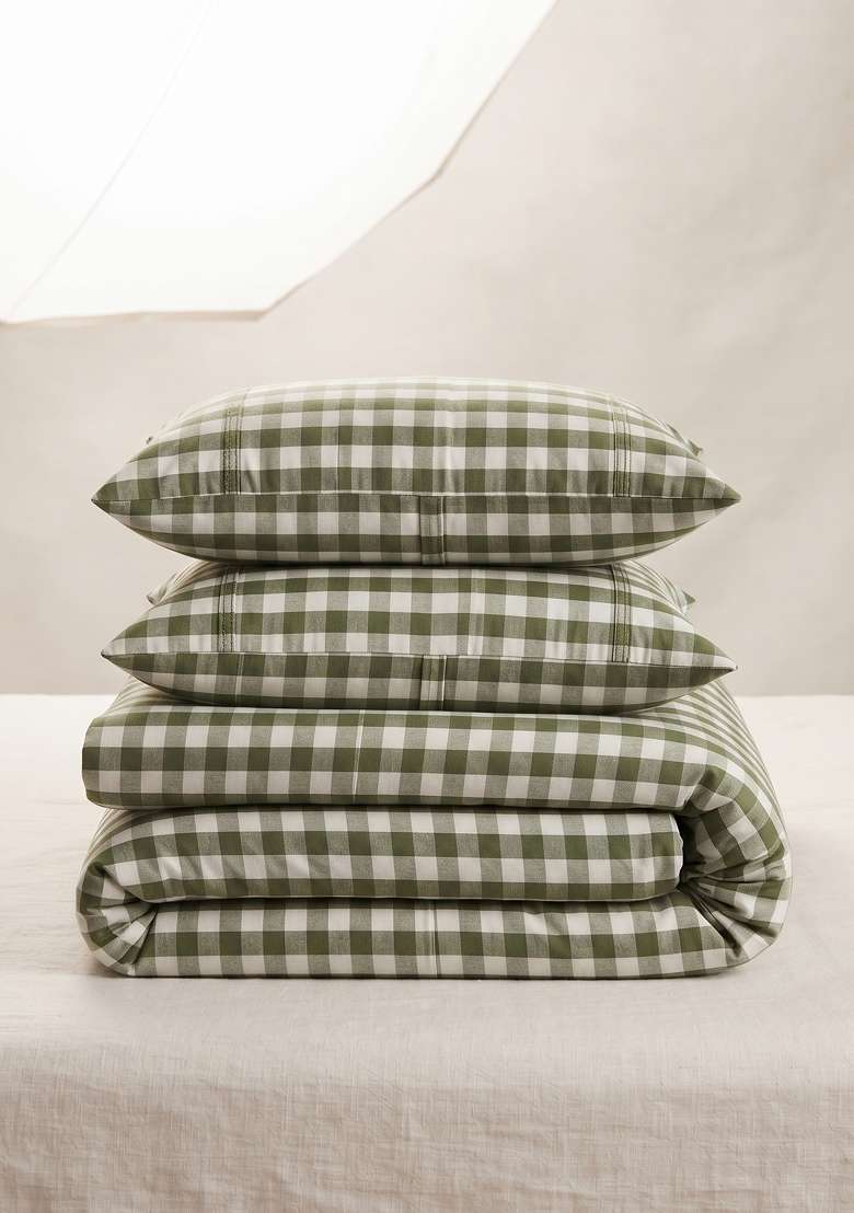 Olive Organic Cotton Gingam Checked Duvet Cover Sets - Indya